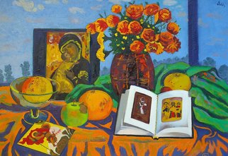 Moesey Li: 'Still life with an icon ', 1999 Oil Painting, Religious. realism, still life, icon, book, flowers...